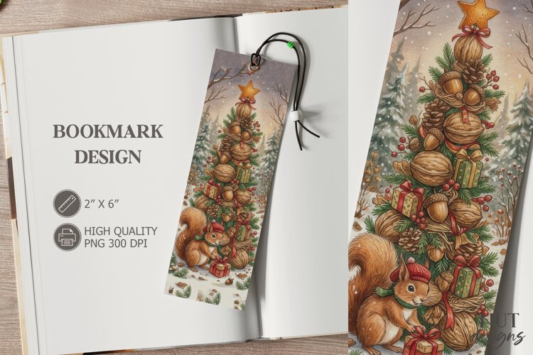 Christmas Squirrel Walnut Tree Bookmark festive storybook example image 1