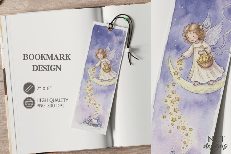 Christmas Angel Moon Stars Bookmark festive storybook example image 1