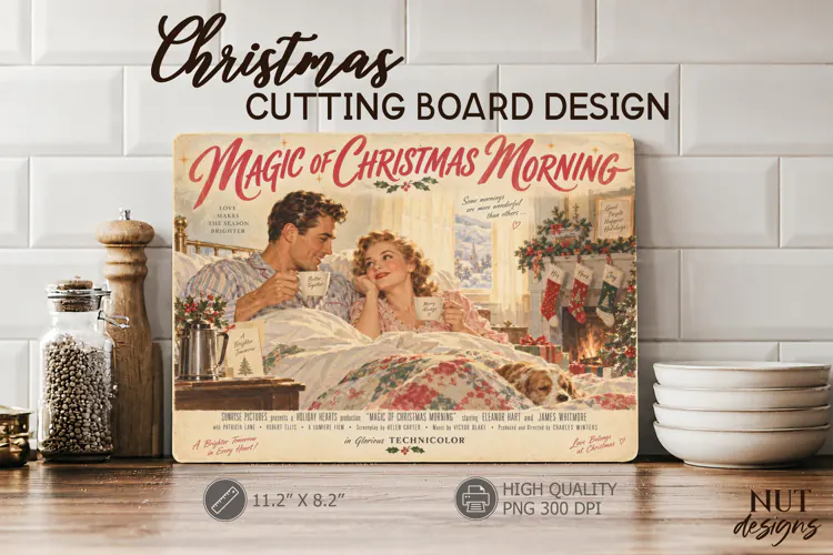 Christmas Morning Cutting Board Couple retro movie poster