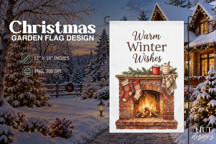 Warm Winter Wishes Fireplace Christmas garden Flag
