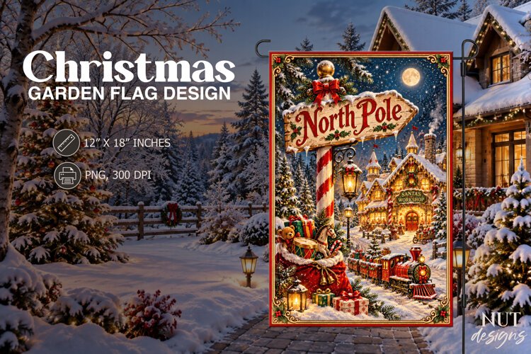 North Pole Christmas Garden Flag Cute Christmas illustration example image 1