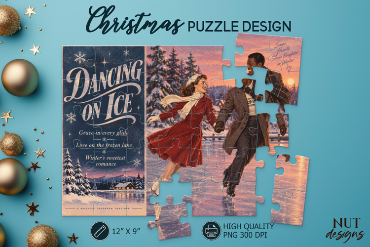 Vintage Christmas Ice Skating Puzzle, Christmas Puzzle