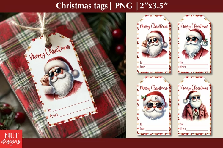 Christmas tags. Printable Gift tags Santa Claus with glasses