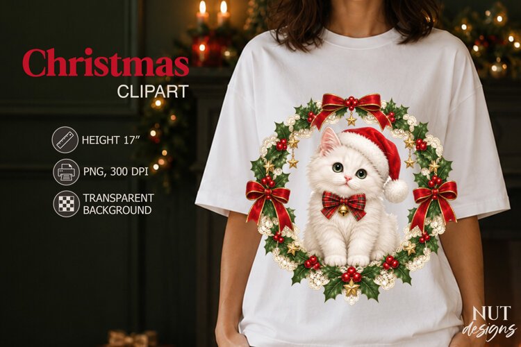 Christmas Kitten Wreath Clipart santa kitten with plaid bow example image 1