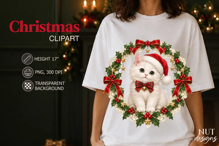 Christmas Kitten Wreath Clipart santa kitten with plaid bow
