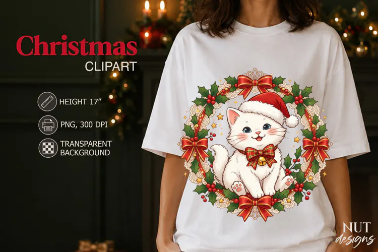 Cute Christmas Cat Clipart white kitten in santa hat