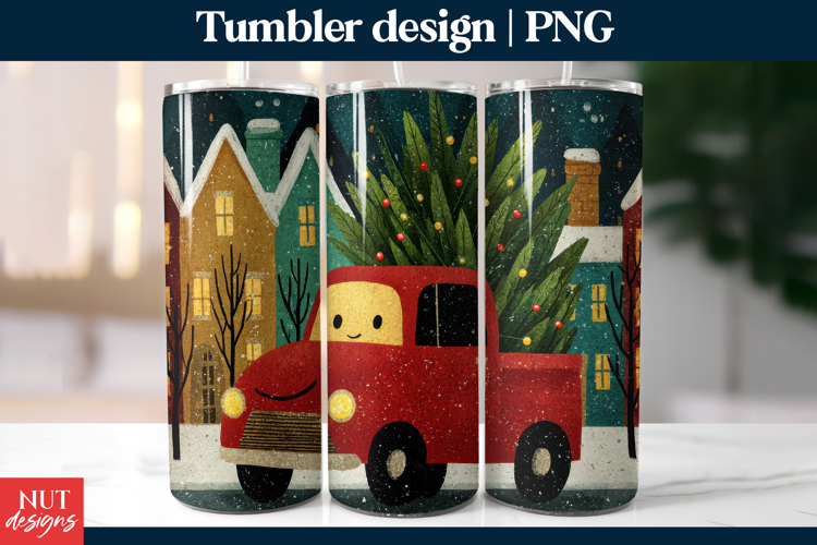 Christmas tumbler 20oz, Cartoon Red Truck Tumbler PNG