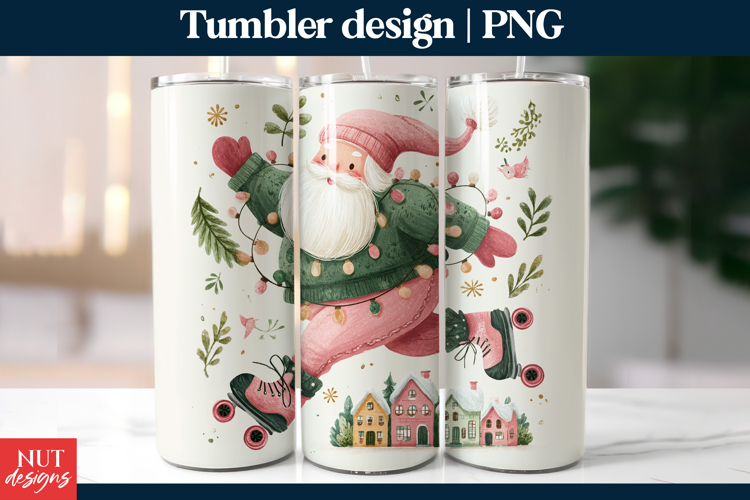 Roller Skating Santa Tumbler PNG, Christmas tumbler wrap