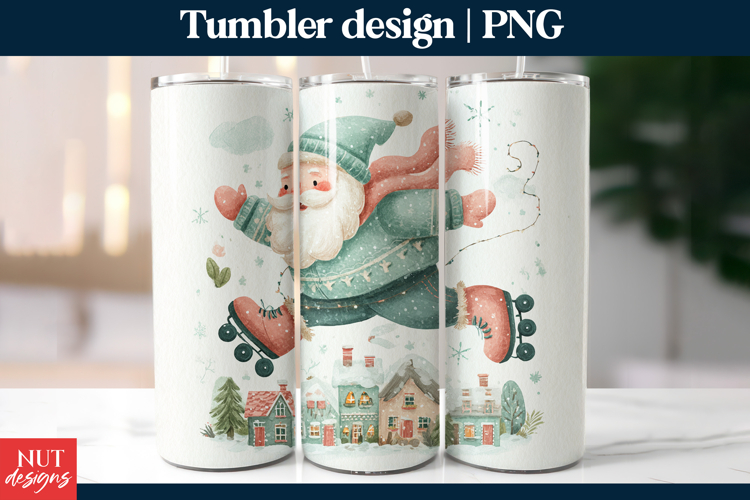 Roller Skating Santa Tumbler PNG, Christmas tumbler wrap