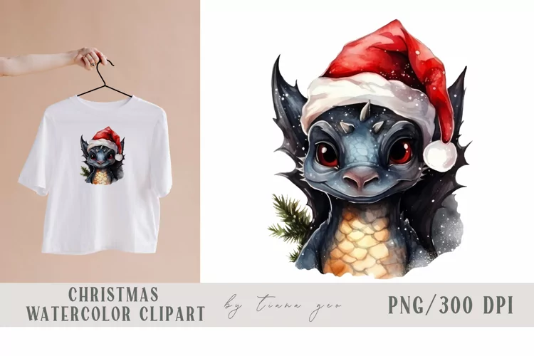 Watercolor Christmas black dragon with Santas hat - 1 png
