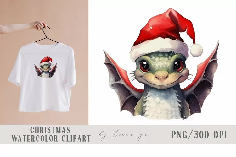 Watercolor Christmas black dragon with Santas hat - 1 png