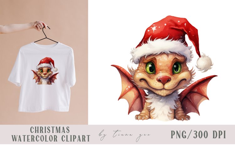 Watercolor Christmas dragon with Santas hat - 1 png clipart