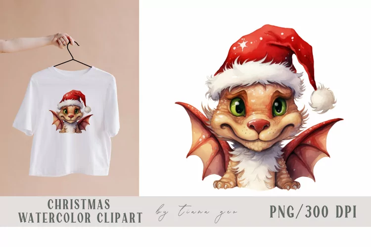 Watercolor Christmas dragon with Santas hat - 1 png clipart