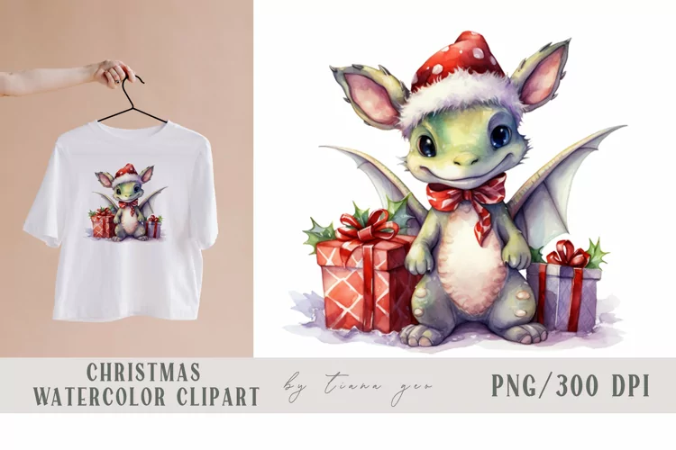 Cute Christmas dragon with Santas hat sublimation - 1 PNG