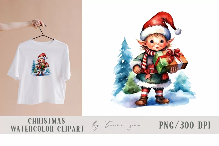 Cute watercolor Christmas gnome elf clipart- 1 png file