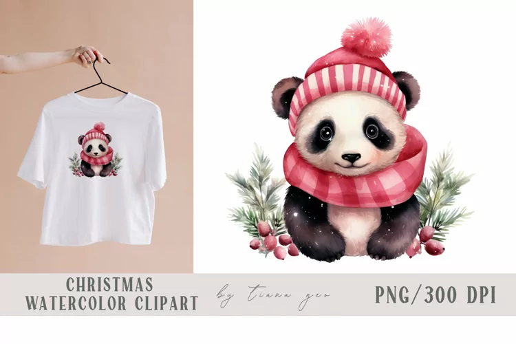 Cute watercolor Christmas Santa panda clipart- 1 png file