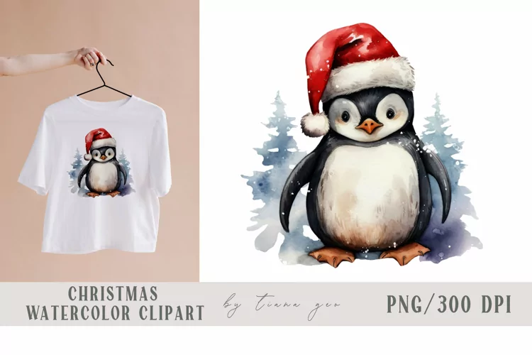 Cute watercolor Christmas penguin clipart- 1 png file