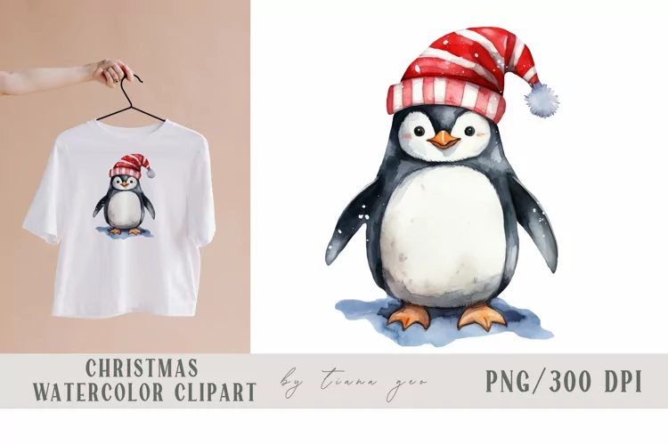 Cute watercolor Christmas penguin clipart- 1 png file