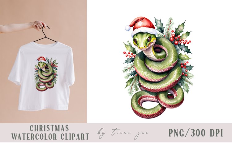 Watercolor Christmas snake in Santa hat - 1 png