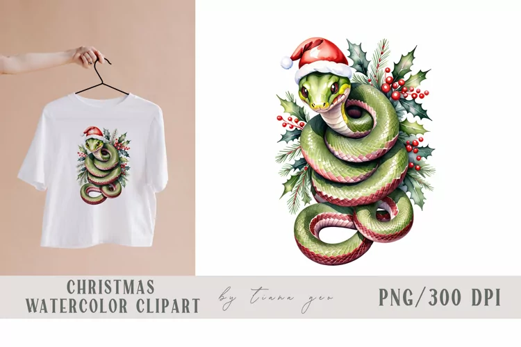 Watercolor Christmas snake in Santa hat - 1 png