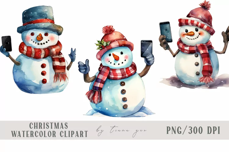 Watercolor snowmen taking selfies clipart - 3 png files
