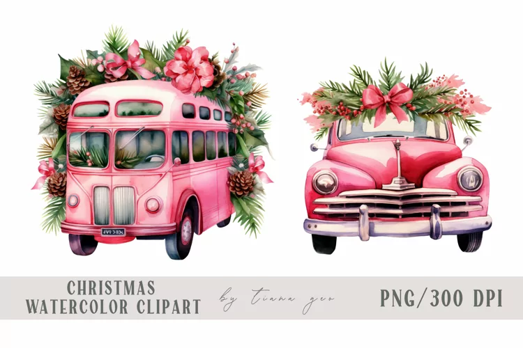Watercolor Christmas bus and car clipart- 2 png