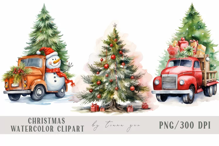 Christmas truck with snowman and Christmas tree- 3 png files