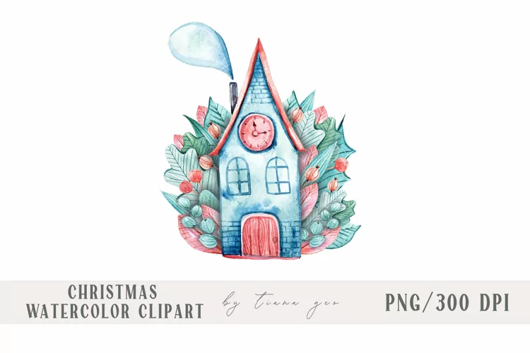 Watercolor Christmas house clipart / sublimation- 1 png file