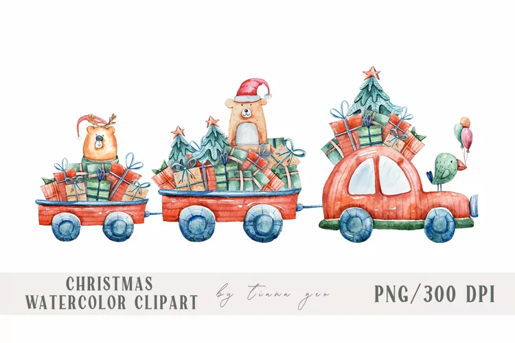 Watercolor Christmas truck clipart / sublimation- 1 png file