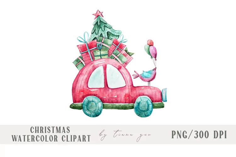 Watercolor Christmas car with gift boxes sublimation