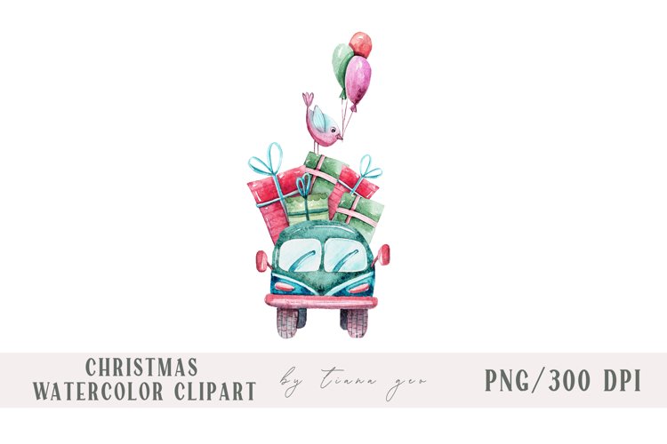 Watercolor Christmas car with gift boxes sublimation example image 1