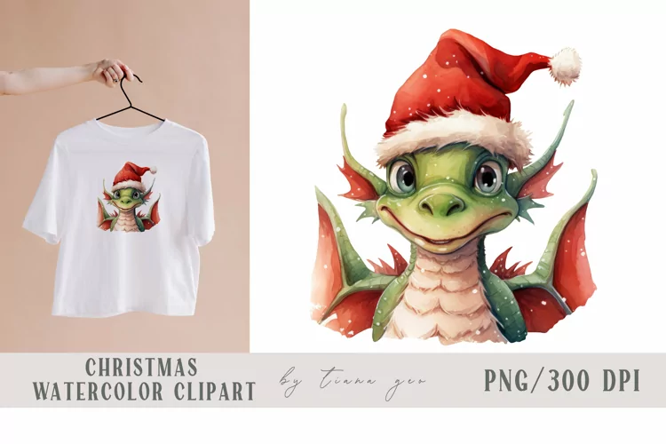 Cute Christmas dragon with Santas hat sublimation - 1 PNG