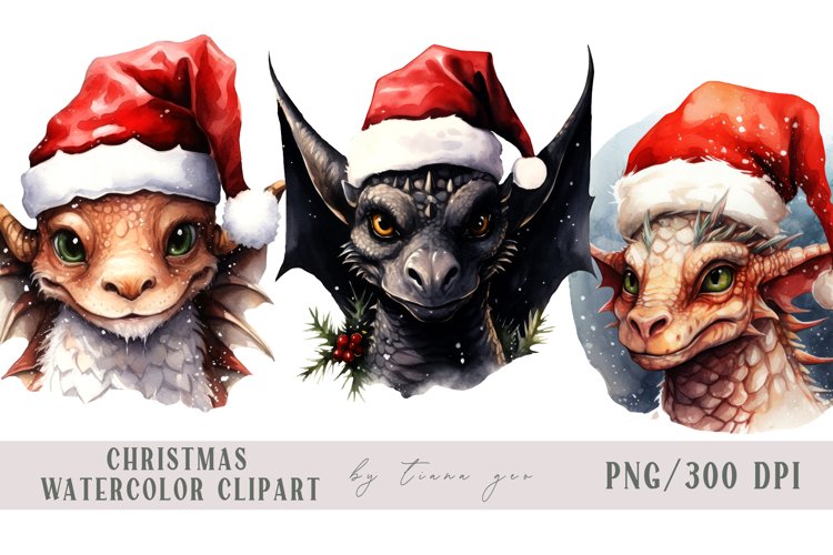 Watercolor Christmas dragon with Santas hat - 3 png clipart example image 1