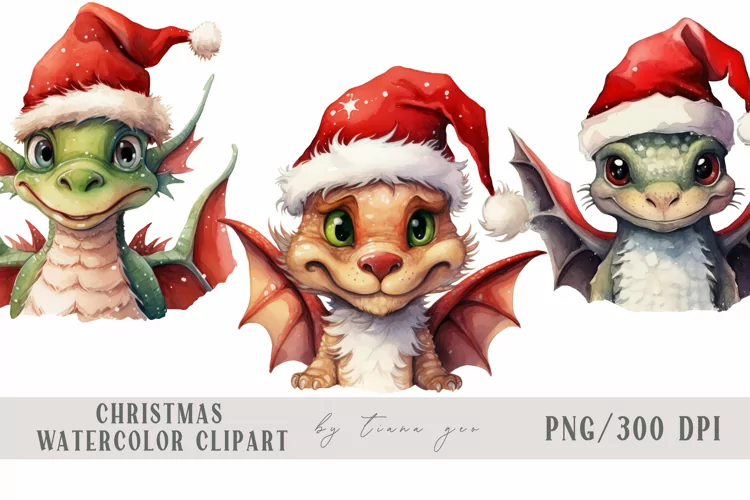 Watercolor Christmas dragon with Santas hat - 3 png clipart