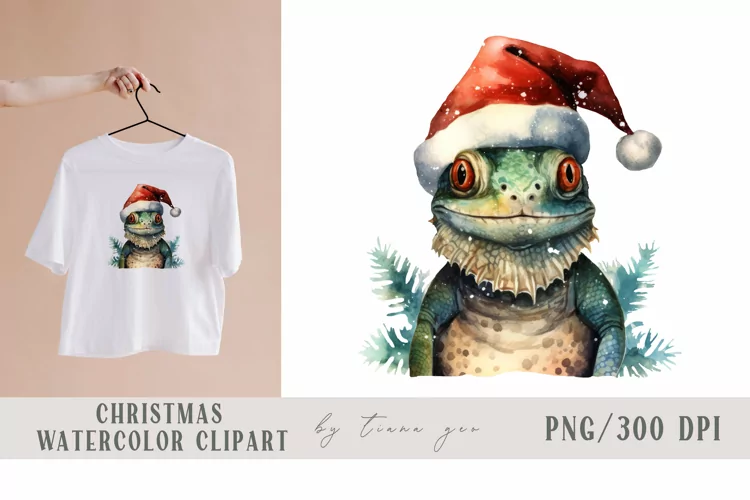 Cute Christmas lizard in Santa's hat clipart- 1 png file