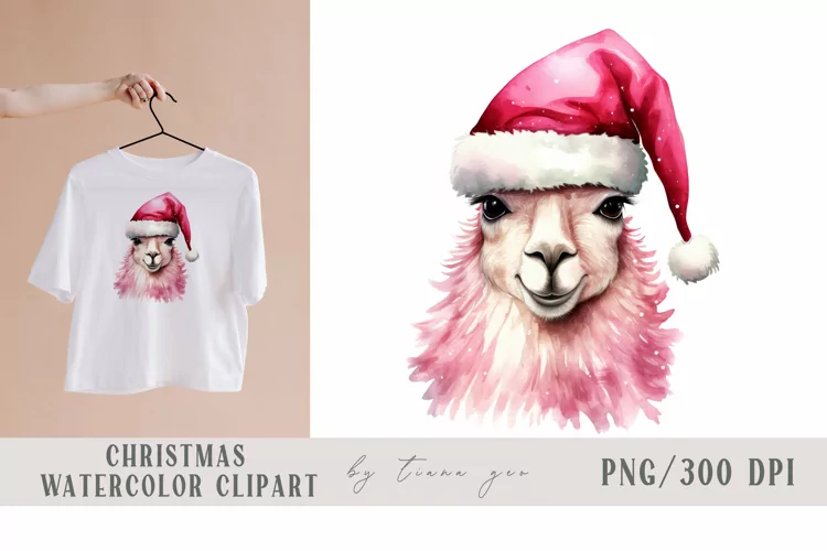 Cute watercolor Christmas Santa llama clipart- 1 png file
