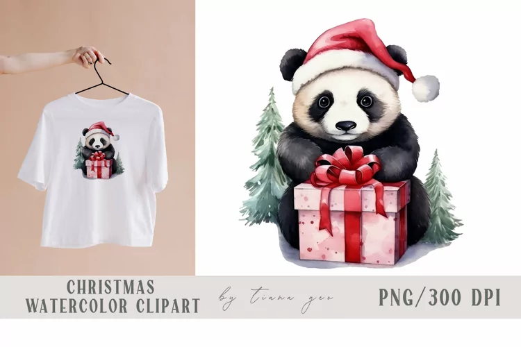 Cute watercolor Christmas panda clipart- 1 png file