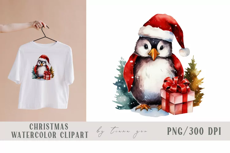 Cute watercolor Christmas penguin clipart- 1 png file