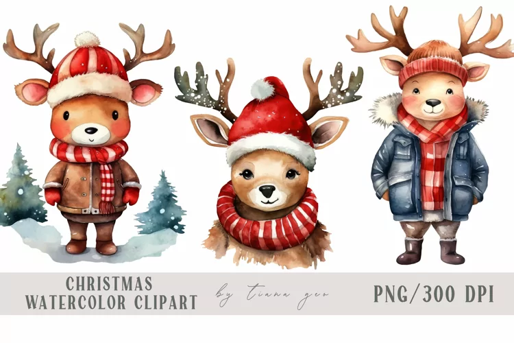 Cute watercolor Christmas reindeer clipart- 3 png files