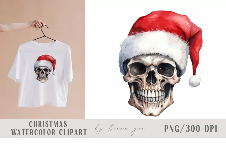 Watercolor Christmas skull with Santas red hat clipart- 1png