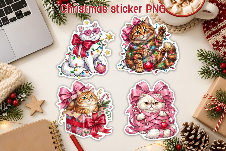Pink Christmas Cat Stickers PNG Printable example image 1