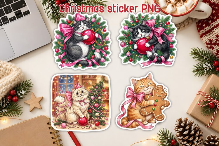 Cute Christmas Cat Sticker PNG Printable example image 1