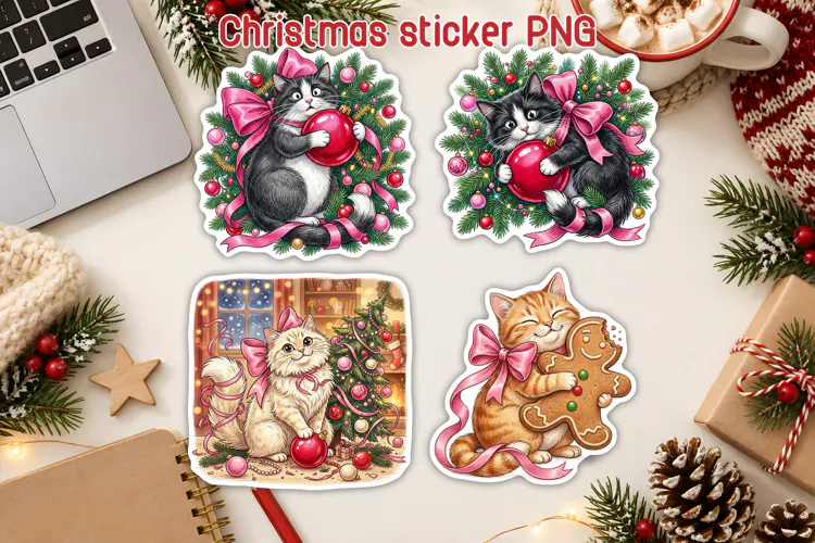 Cute Christmas Cat Sticker PNG Printable