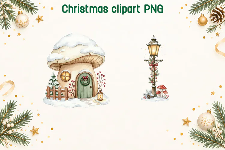 Christmas Mushroom House and Lamp Clipart PNG