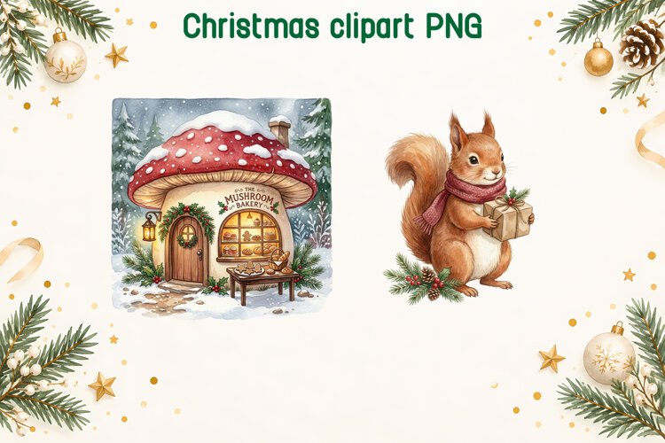 Christmas Mushroom Bakery and Squirrel Clipart PNG example image 1