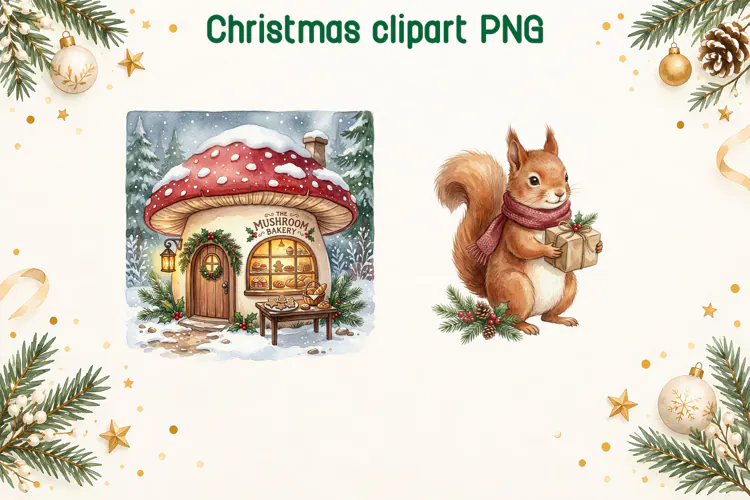 Christmas Mushroom Bakery and Squirrel Clipart PNG