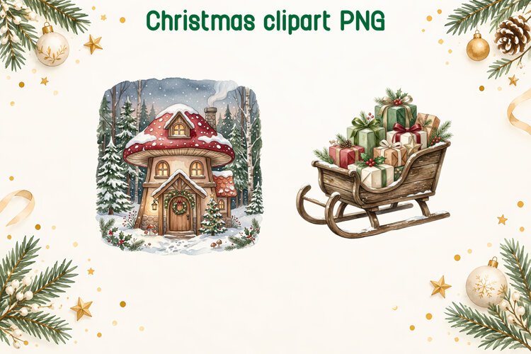 Christmas Mushroom House and Gift Sleigh Clipart PNG example image 1