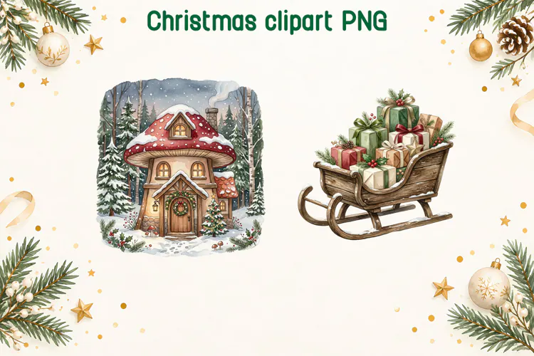 Christmas Mushroom House and Gift Sleigh Clipart PNG