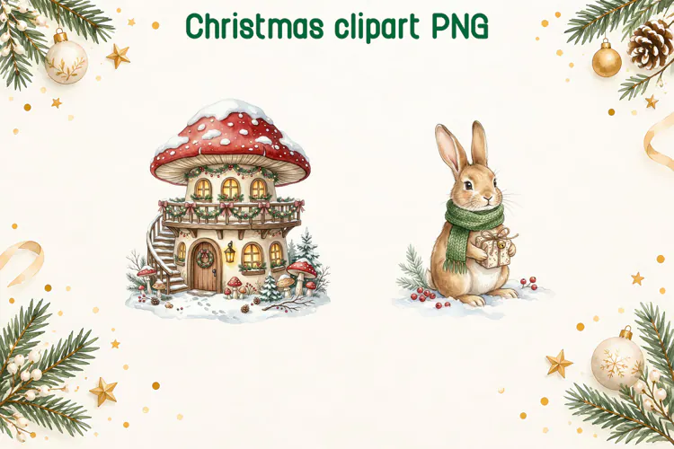 Christmas Mushroom House and Bunny Clipart PNG