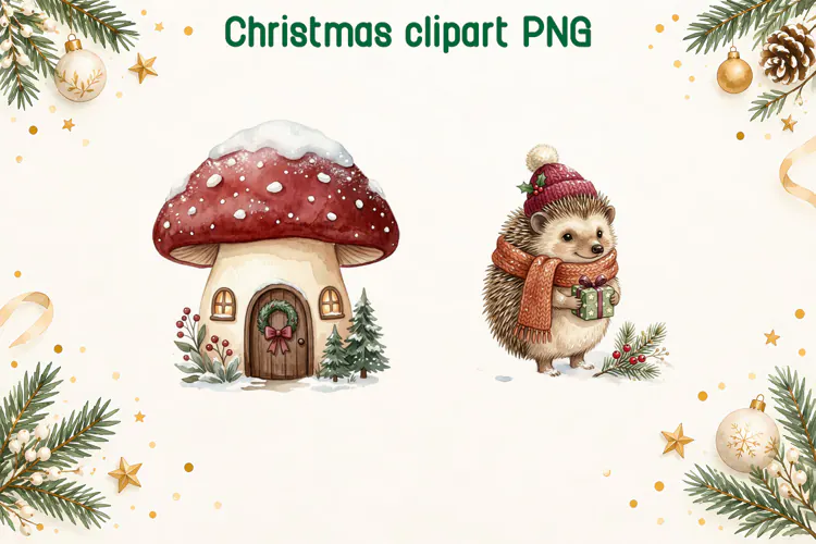 Christmas Mushroom House and Hedgehog Clipart PNG